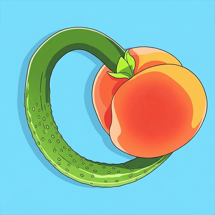Using a picture of a peach and a cucumber to demonstrate how to self-fuck