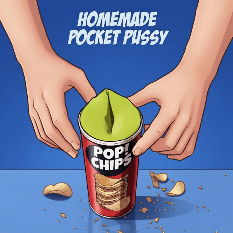 A pair of hands holding a “pocket pussy” made from a potato chip tub, with the title: “Homemade Pocket Pussy”