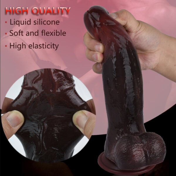 Sex toy dildo made of liquid silicone, shown being stretched to demonstrate softness and elasticity, with feature bullets in the background.