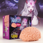 Boxed brain-shaped adult toy in peach color, with purple packaging and anime-style demon girl artwork in the background