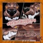 Collage titled 'detail display' with close-ups of a brown dragon-like creature showing orange eyes and large white teeth, a bite on a metal object, a desert canyon texture, and a cartoon wolf in the bottom-right corner.