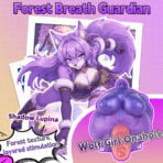 Comic-style image of a purple-haired, armored wolf-girl character posing with a large purple onahole in the foreground; bold title text 'Forest Breath Guardian' at top.