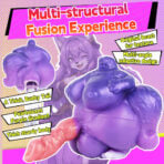 Bright, comic-style promo image for an adult toy called 'Multi-structural Fusion Experience,' featuring a purple wolf with oversized breasts and a pink appendage, yellow dotted background, and bold caption panels describing features like 'Original beast fur texture' and 'Thick sturdy body.'