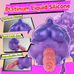 Comic-style ad for Platinum Liquid Silicone showing a large purple fantasy creature with oversized breasts and a pink-orange penis-like appendage; bright halftone background and caption panels.