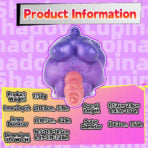 Product Information poster for a purple sex toy with an orange insert, listing weight 1750 g and overall dimensions 16.5×13.0×18.5 cm (L×W×H).