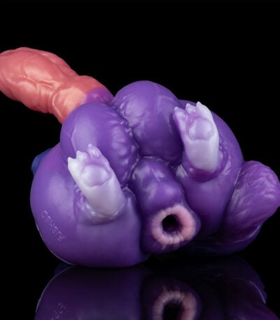 Colorful silicone sex toy with stacked purple lobes and a pink wolf cock on a black background.