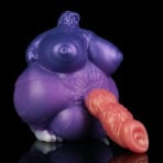 Purple silicone sex toy with a pink wolf dildo attached, shown against a black background.