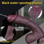 Double-layered, dark red water-spouting Black Squirting Dildo Ejaculating Dildos with realistic texture; includes close-ups of tip and surface details.