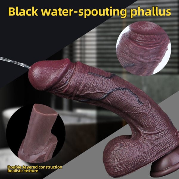 Double-layered, dark red water-spouting Black Squirting Dildo Ejaculating Dildos with realistic texture; includes close-ups of tip and surface details.