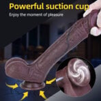 Brown Black Squirting Dildo Ejaculating Dildos with a suction cup attached to a surface; inset shows the circular internal motor/mechanism.