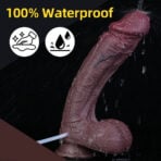 Close-up of a pink silicone Black Squirting Dildo Ejaculating Dildos being washed under running water, with a bold yellow '100% Waterproof' headline and two icon badges for cleaning and water resistance on the left.