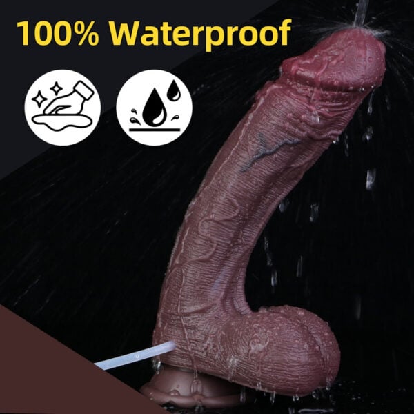 Close-up of a pink silicone Black Squirting Dildo Ejaculating Dildos being washed under running water, with a bold yellow '100% Waterproof' headline and two icon badges for cleaning and water resistance on the left.