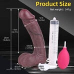 Realistic brown Ejaculating Dildo with size measurements showing total height and insertable length beside a syringe and pink pump (Product Size).
