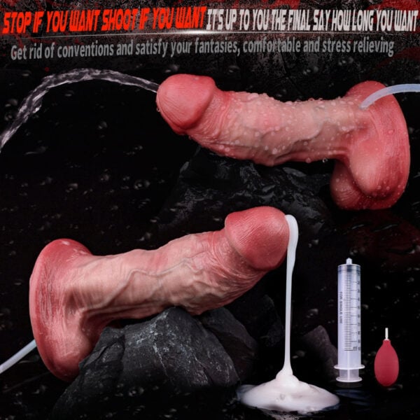 Close-up of a Realistic Dildo with lubricant dripping, surrounded by sex toy accessories (syringe and red bulb) on dark rocks, with bold promotional text at the top.
