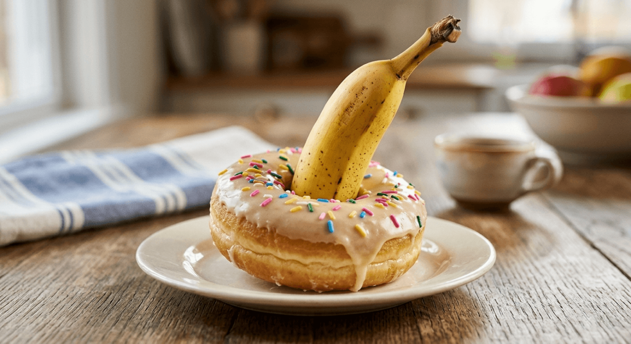 A banana stuck in a doughnut