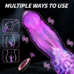 Purple vibrator with wireless remote on a dark background; left-side diagrams show different use positions, caption reads 'MULTIPLE WAYS TO USE'.