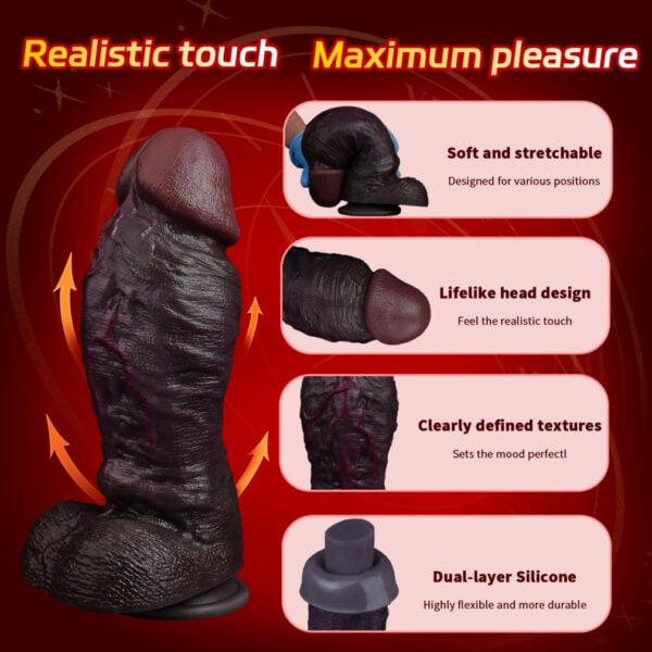 Promotional image of a large realistic silicone black dildo with a textured shaft and suction base, highlighting soft stretchable material, lifelike head, defined textures, and dual-layer silicone.