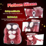 Promotional diagram of a red silicone sex toy highlighting a thick entrance and interior massage beads, with notes on safety and durability.