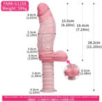 Product diagram of a pink dildo (FAAK-G1158, 596 g) with labeled dimensions: total length 28.2 cm, insertable length 18.4 cm, and various girths/tinions.