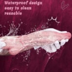 Advertisement for a waterproof, reusable product: a gloved hand holds a pink Silicone Realistic Dildo with splashing water in front of a maroon background.