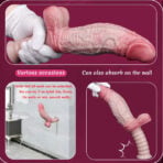 Close-up of a pink realistic dildo being squeezed by a gloved hand, as part of a product infographic about use and absorption on surfaces.