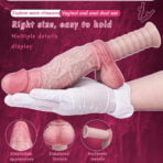 Silicone Realistic Dildo being held by a gloved hand, showing dual-use design and textures for vaginal/anal stimulation (advert banner).