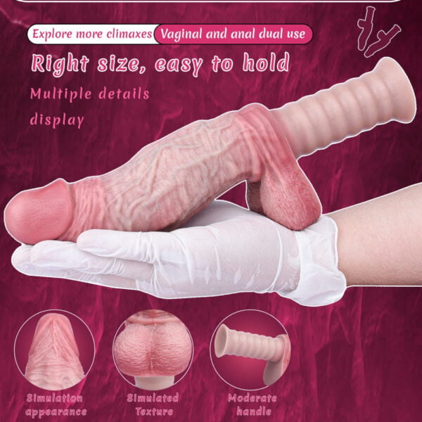 Silicone Realistic Dildo being held by a gloved hand, showing dual-use design and textures for vaginal/anal stimulation (advert banner).