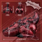 Red textured dragon pussy sex toy with measurement overlays: overall length 21.5 cm (8.46 in) and height 14.2 cm (5.59 in); weight 1222 g. Insets show two front views with dimensions: 13.2 cm wide by 11.3 cm tall, and 9.6 cm wide by 4.? tall plus other small Widths (5.8 cm, 4.5 cm) for reference.