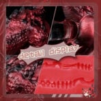 Collage of red, textured close-ups with a central 'detail display' banner and a small anime-style character in the bottom-right corner.