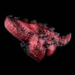 Red, scaly dragon pussy wing silhouette against a black background, showing rough, textured surface and dark tips.