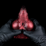 Close-up of a red, glossy dragon pussy model of female genitalia (vulva) held by gloved hands against a black background.
