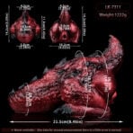 Red dragon pussy model with measurement annotations: overall length 21.5 cm, height 14.2 cm, width 13.2 cm; product code LK-7311 and weight 1222 g; two inset views show front and back dimensions on a black background.