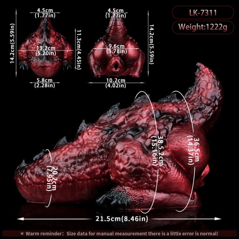 Red dragon pussy model with measurement annotations: overall length 21.5 cm, height 14.2 cm, width 13.2 cm; product code LK-7311 and weight 1222 g; two inset views show front and back dimensions on a black background.