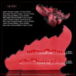 Red dragon jaw model with labeled measurements (LK-7311): upper and lower channel lengths and widths in cm and inches on a black background.