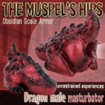 Product packaging for 'The Muspel's Hips' dragon male masturbator, featuring red dragon figures and bold lime-green title.