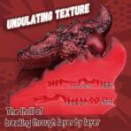 Red infographic of a jagged, textured cross-section with two measurement lines showing 12.1 cm and 14.5 cm; caption reads 'The thrill of breaking through layer by layer.'