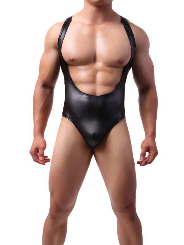 Men's Sexy PU Leather Jumpsuit One-Piece Bodysuit Shorts Underwear Clubwear