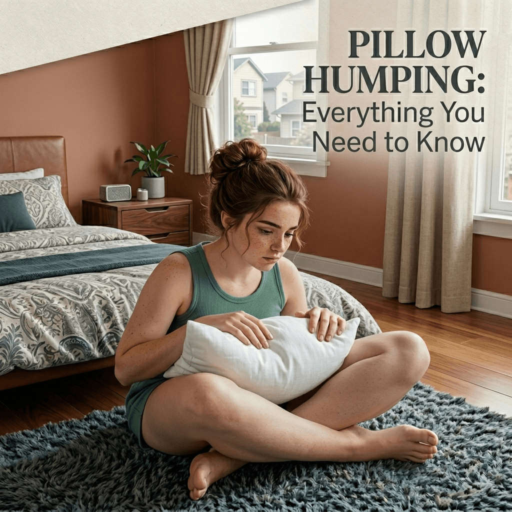 A woman sitting and pillow-humping