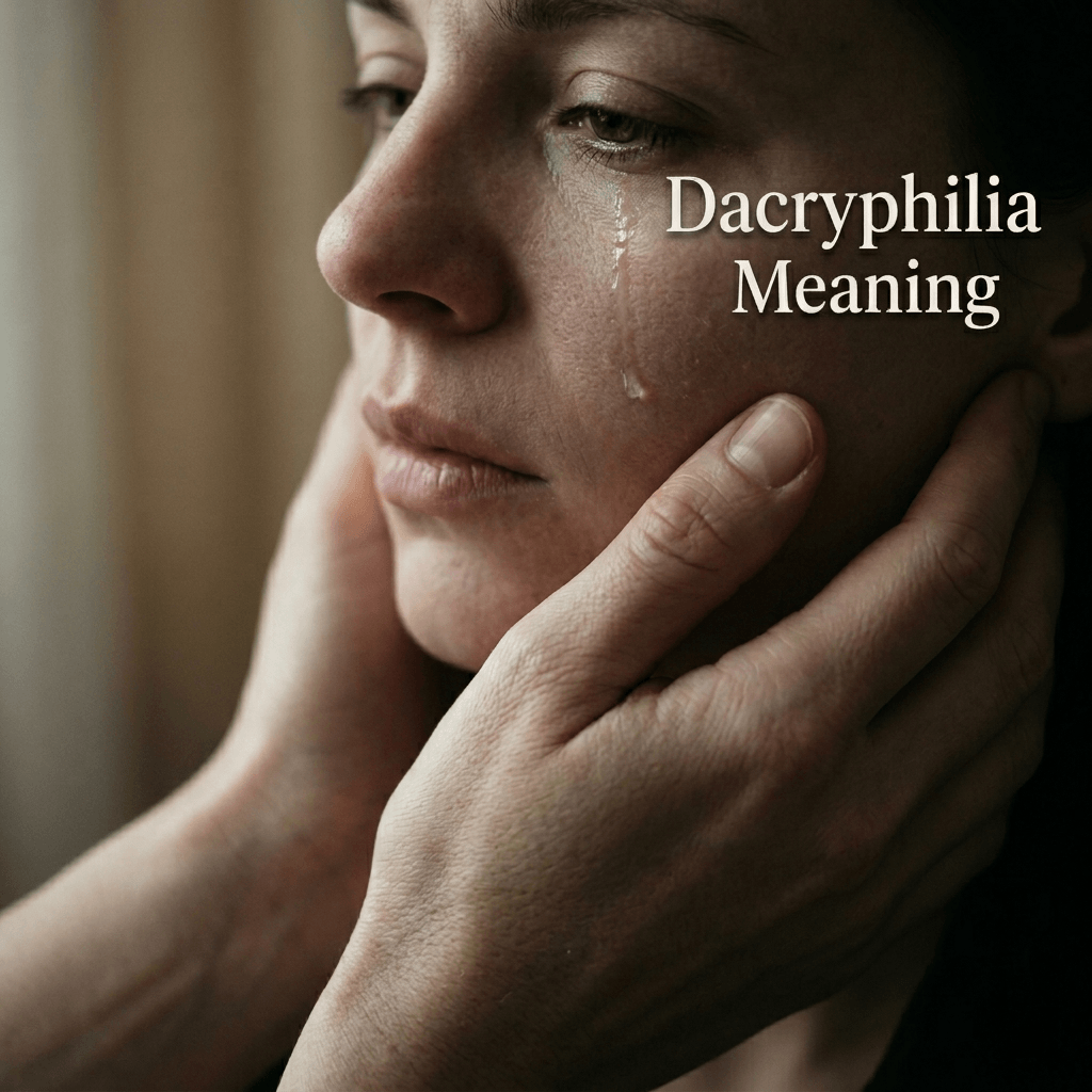 A pair of hands cradling a woman’s face, with tears streaming down her cheeks; the text reads: Dacryphilia Meaning