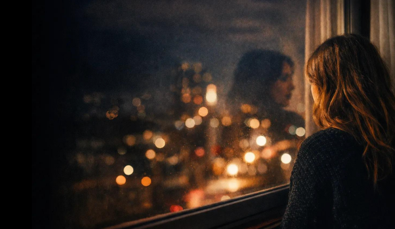 A woman gazes at the lights outside her window at night; her shadow is cast on the glass.