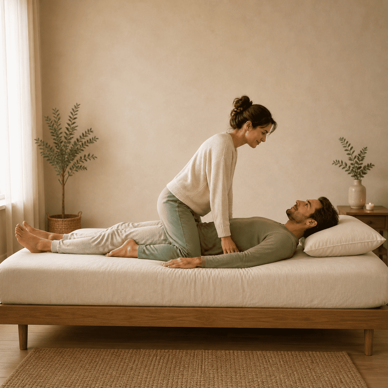 Fully clothed adult partners demonstrating a supported Cowgirl position on a firm bed.