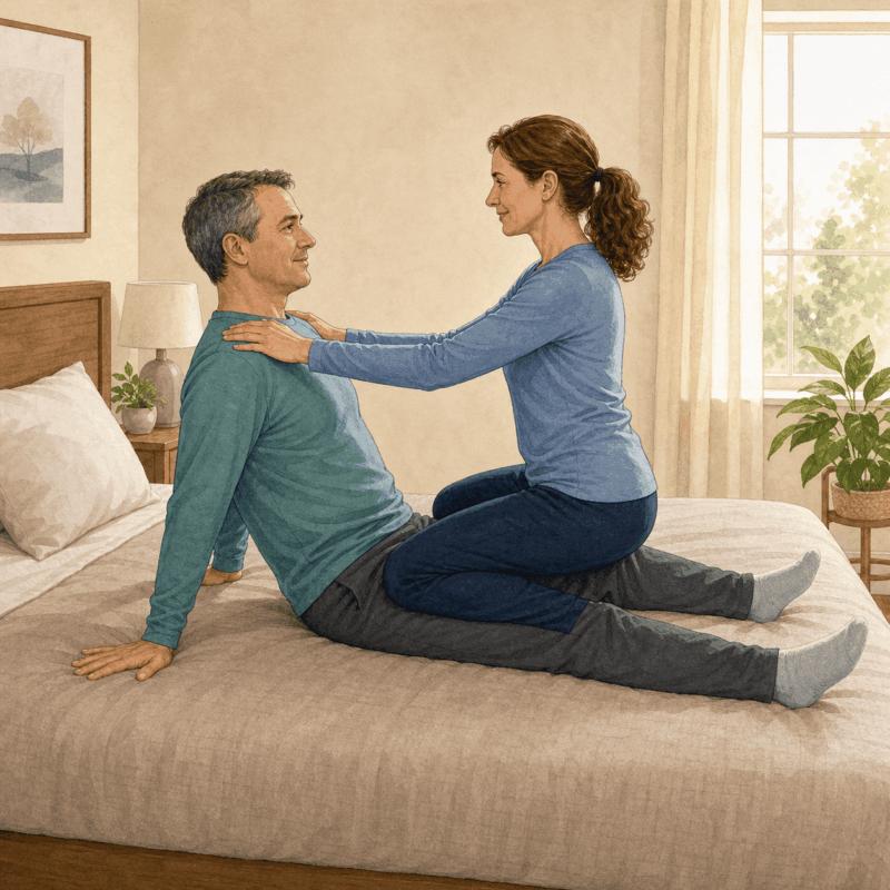 Fully clothed adult partners demonstrating a supported face-to-face Jockey position on a stable bed.