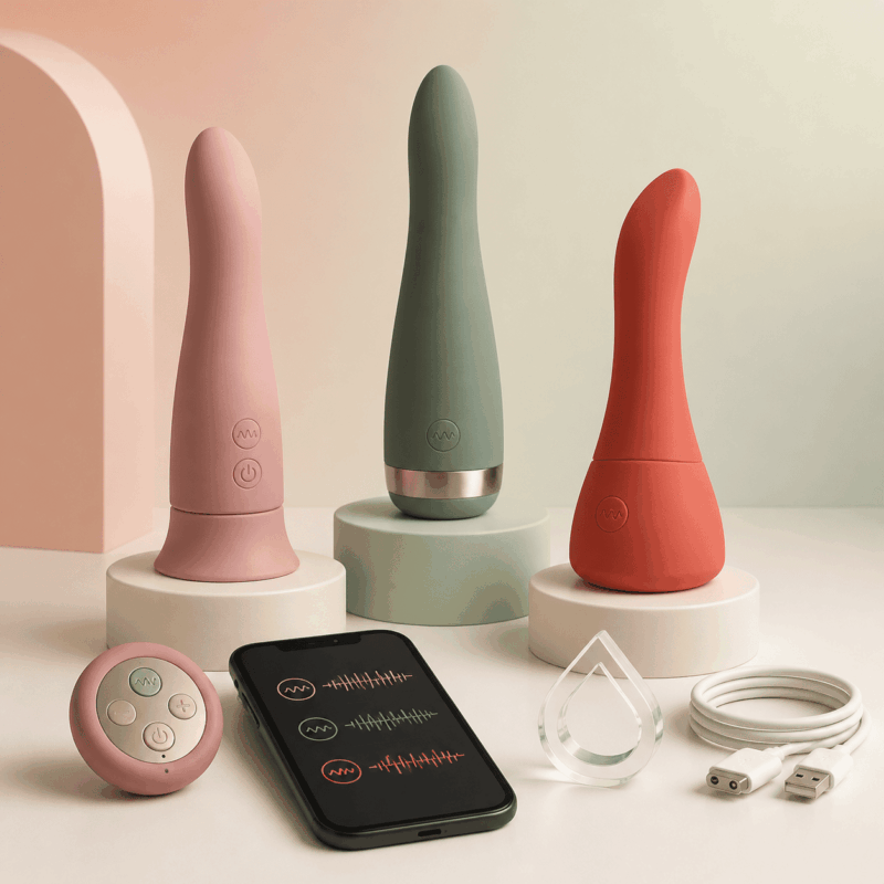 Vibrating wellness products with remote, app controls, water rating symbol, and charging cable